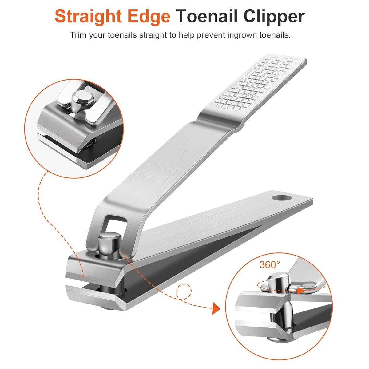 A stainless steel straight edge toenail clipper shown in various angles for trimming toenails.