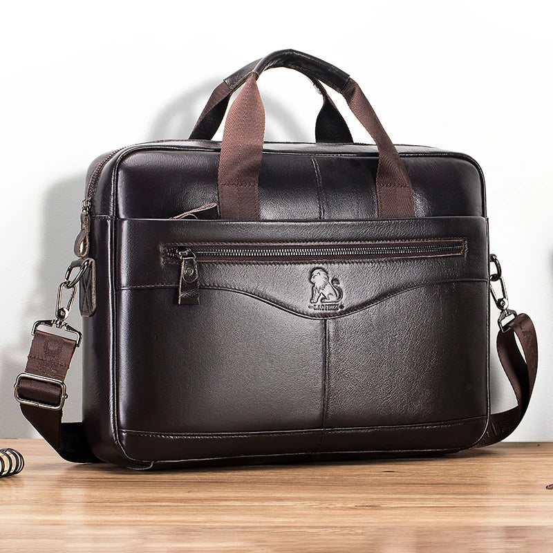 Genuine Leather Laptop Briefcase for Men – 14" Retro Cowhide Bag