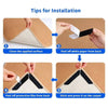 Tips for installation showing how to clean the surface, peel off paper, and stick a non-slip rug gripper onto a carpet.
