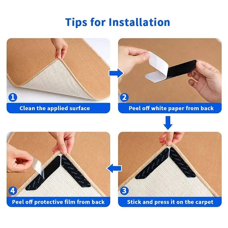 Tips for installation showing how to clean the surface, peel off paper, and stick a non-slip rug gripper onto a carpet.