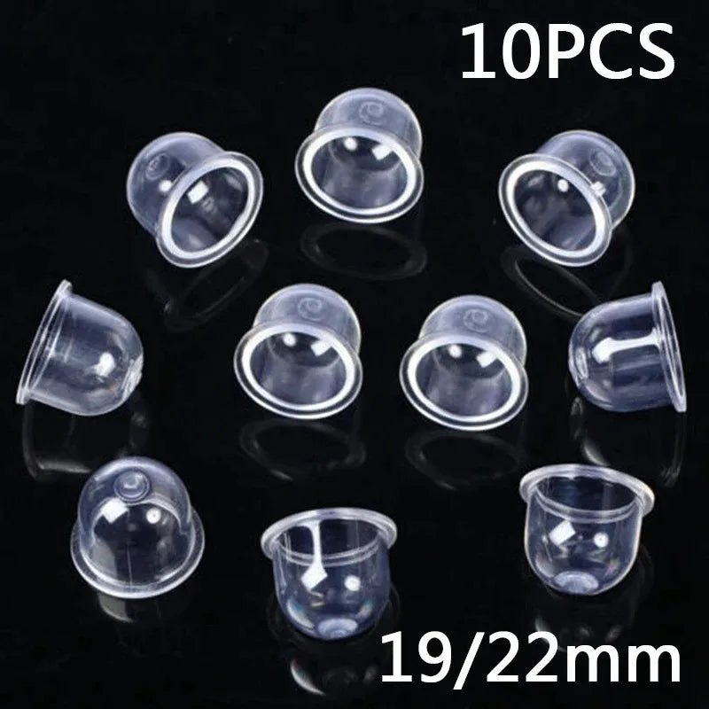 A set of 10 clear plastic primer bulbs for carburetor cleaning on chainsaws and trimmers, measuring 19/22mm.