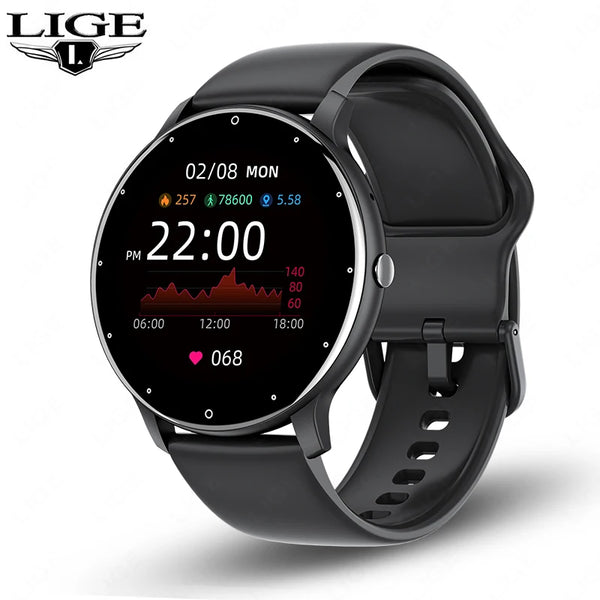 Schwarze LIGE Sportsmartwatch mit Anzeige von 22:00 Uhr und Fitnessdaten.