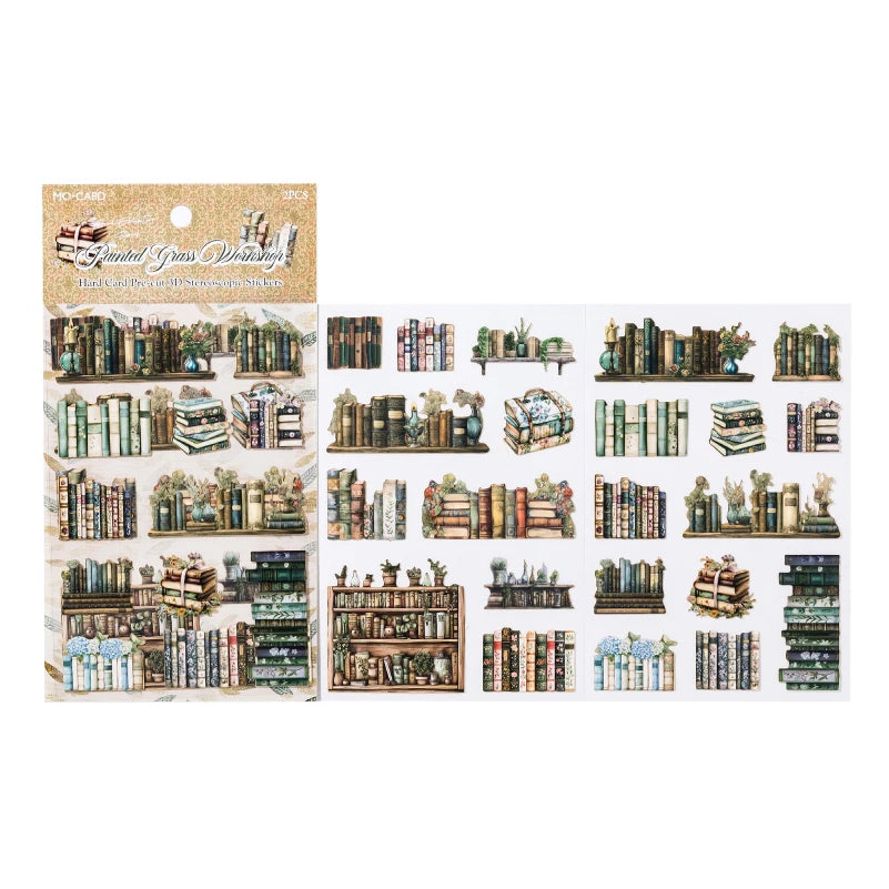 A sheet of die-cut stickers depicting various scenes and objects related to a retro gallery theme.
