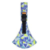 Ergonomic baby sling carrier with a colorful geometric fabric pattern