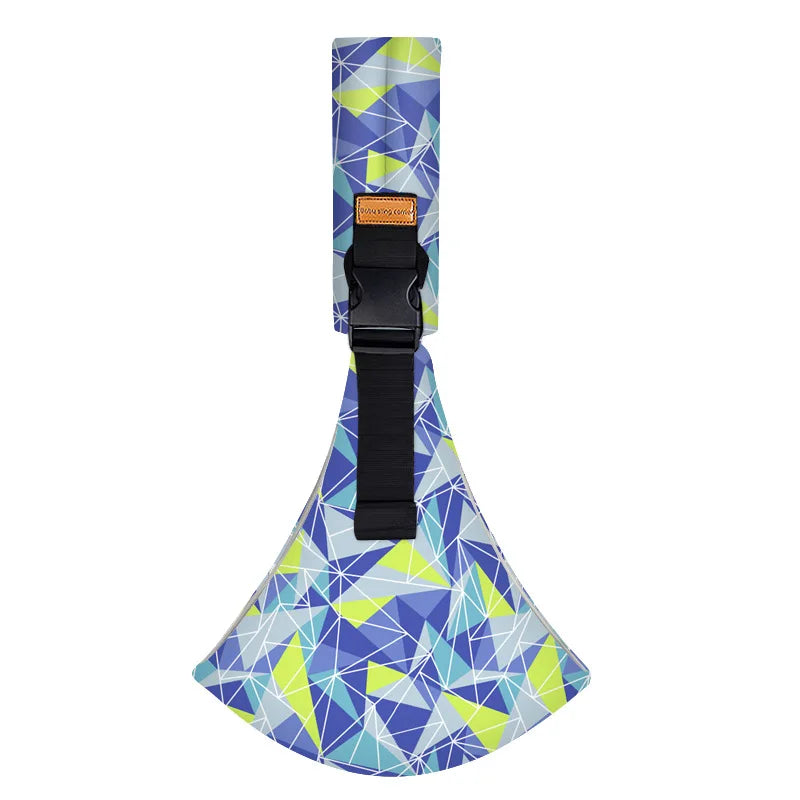 Ergonomic baby sling carrier with a colorful geometric fabric pattern