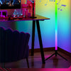 An LED RGB corner floor lamp casts colorful ambient light and features a sound reactive display.