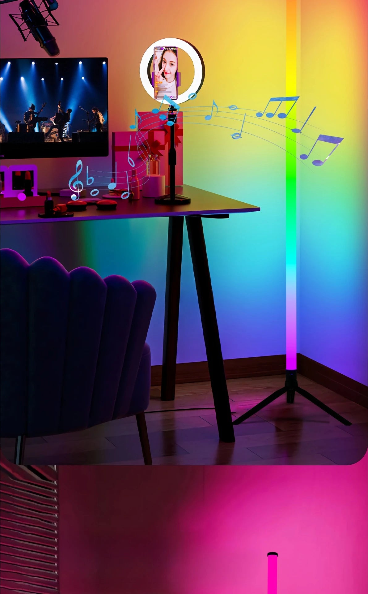 An RGB LED corner floor lamp with sound activation is shown illuminating a desk setup and a purple chair.