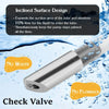 Stainless steel liquid soap dispenser with an inclined surface design and check valve, shown with water droplets.