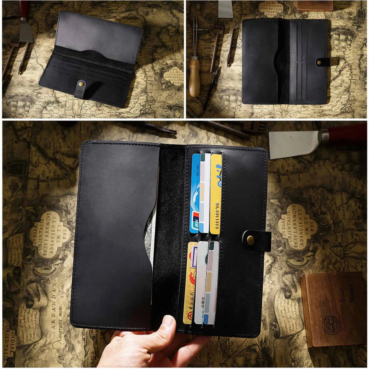 Vintage Leather Long Bifold Wallet with Snap Closure
