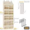 A tall, light wood-colored organizer with 10 compartments is shown next to a door for scale.