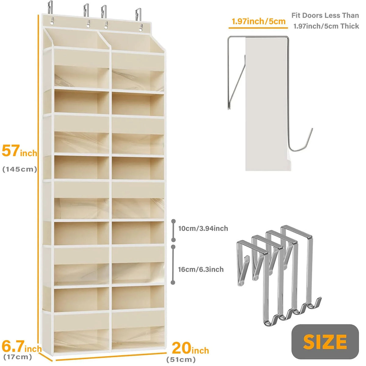 A tall, light wood-colored organizer with 10 compartments is shown next to a door for scale.