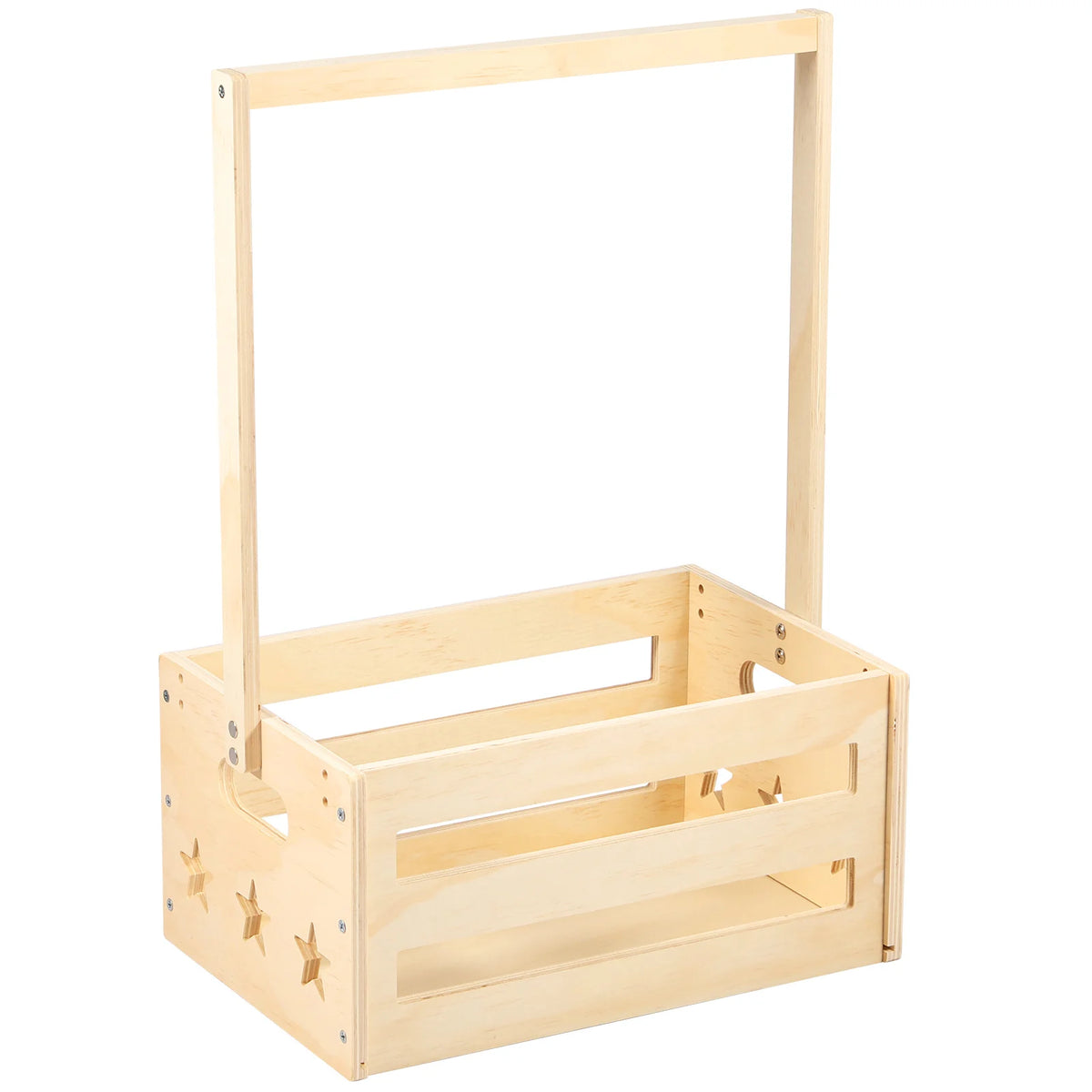 A light wood crate with a handle and decorative star cutouts, used for a baby shower.