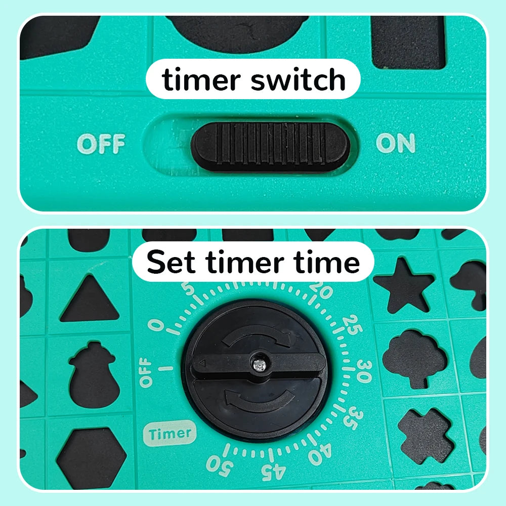 A close-up of a green puzzle game showing a timer switch and a timer setting dial.