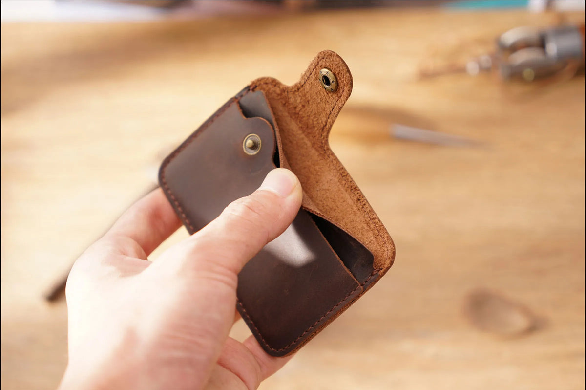 Vintage Leather Slim Card Holder with Snap Closure