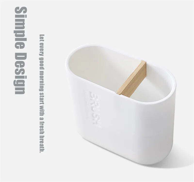 A white bamboo bathroom organizer set with a wooden lid and soap dispenser.