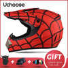 Red patterned Uchoose full-face helmet shown with accessories like glasses and gloves
