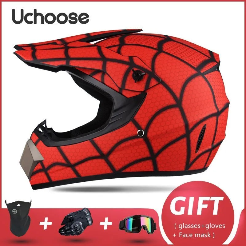 Red patterned Uchoose full-face helmet shown with accessories like glasses and gloves