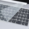 A clear silicone keyboard cover is placed over a laptop keyboard, protecting it from dust and spills.