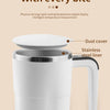 A white stainless steel mug with a lid and a handle, showing its construction details.