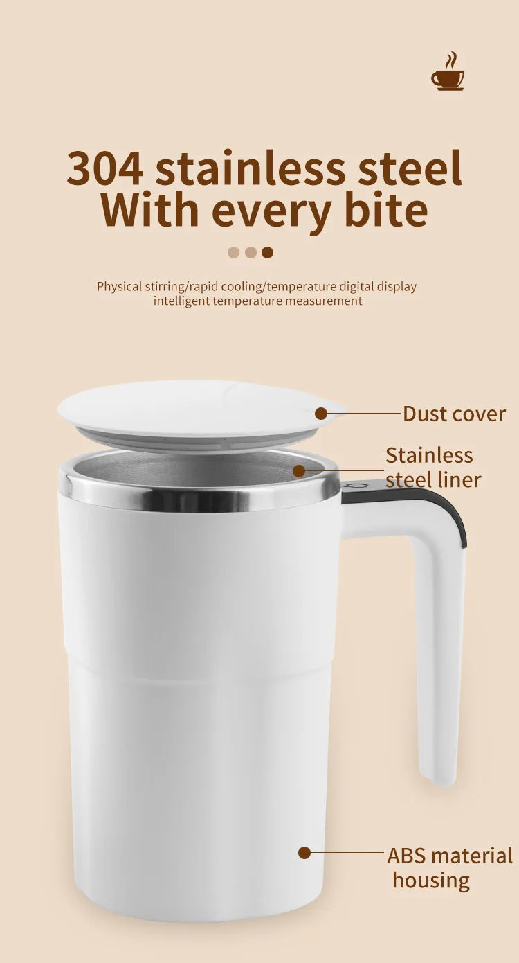 A white stainless steel mug with a lid and a handle, showing its construction details.