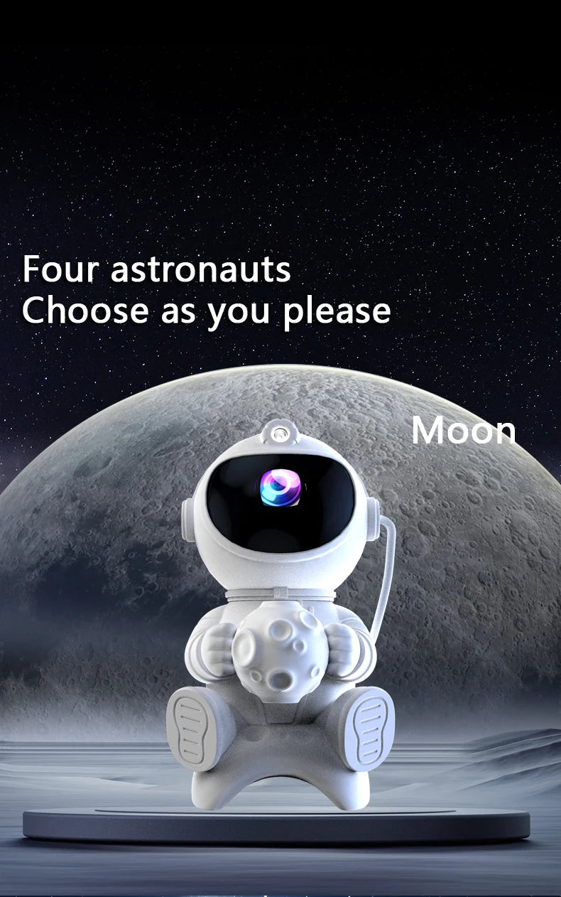 A white astronaut figure is displayed in front of a moon background with text inviting users to choose four astronauts.