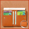 An orange brown ultra-thin PU leather compact wallet holding several credit cards and an ID card.