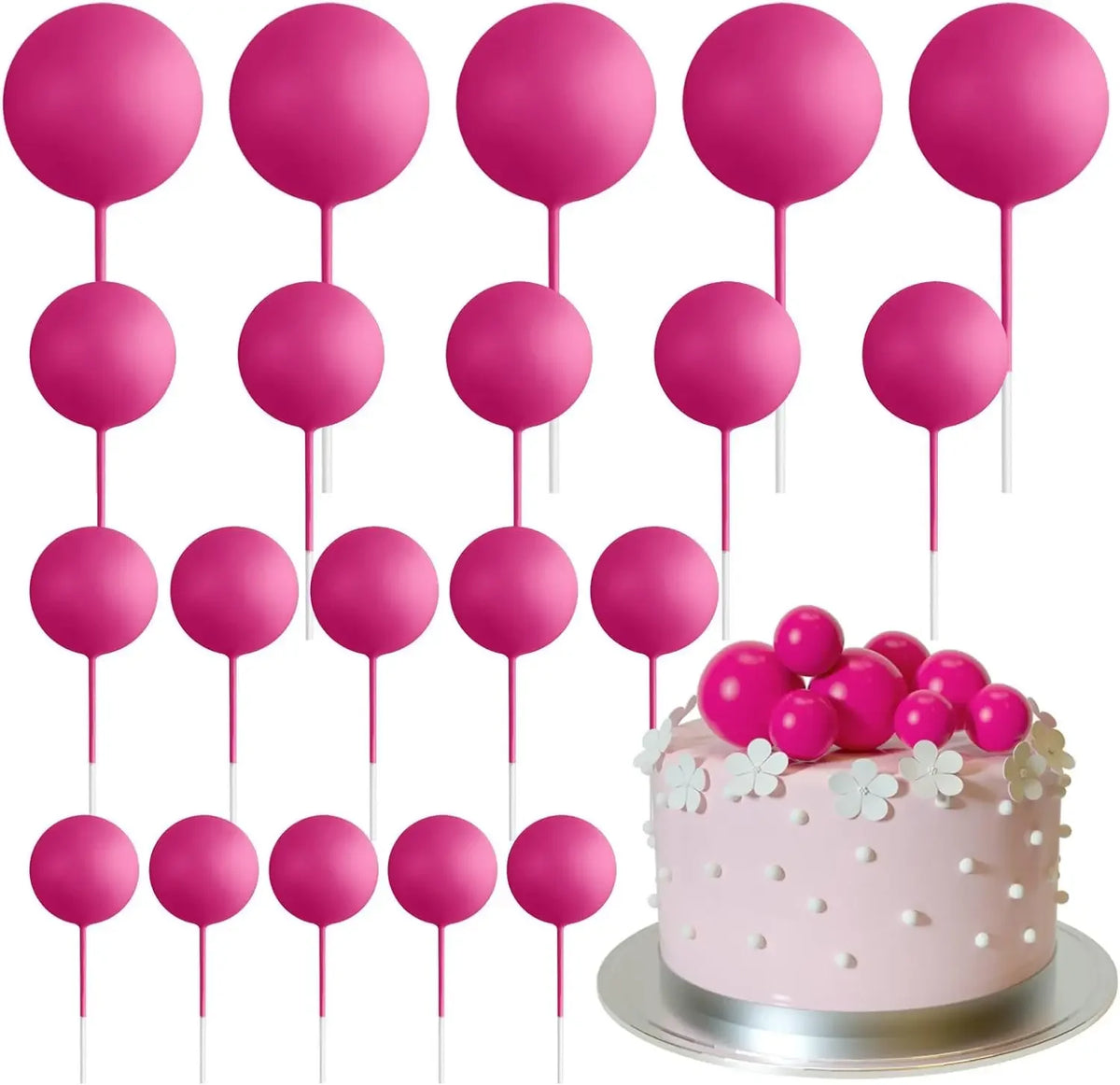 Eine Sammlung von 20 rosa Ball-Kekstoppern auf Stäbchen.