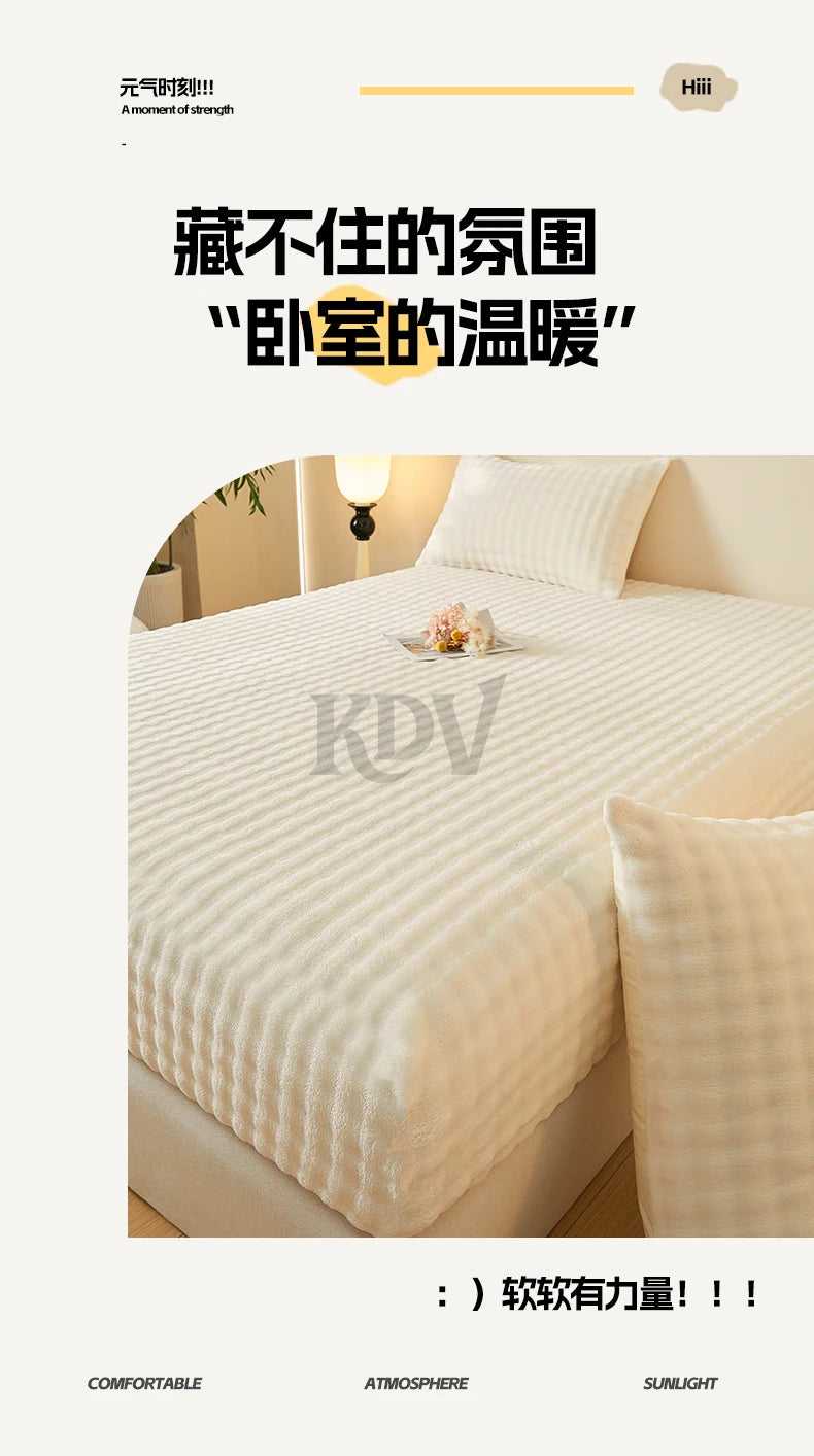 A close-up of a white fitted sheet with vertical ribbing on a bed, suggesting comfort and warmth.