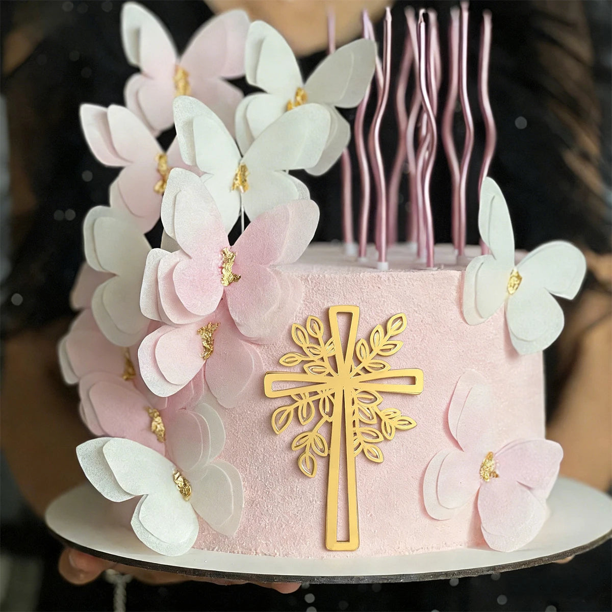 Elegant Gold Acrylic Cross Cake Toppers for Religious Celebrations