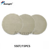 A set of five beige car polishing wool pads with foam backing for scratch removal.