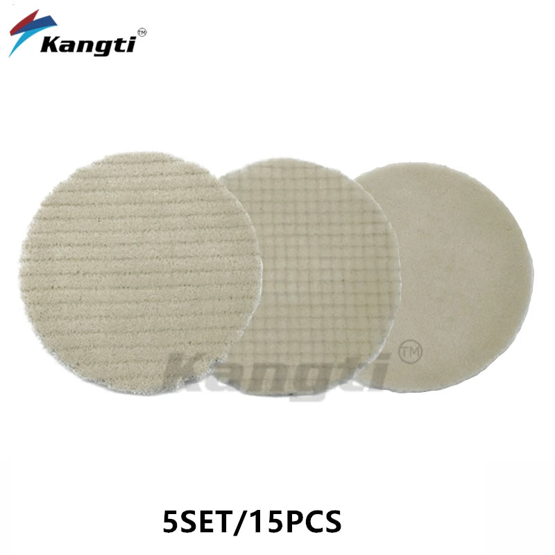A set of five beige car polishing wool pads with foam backing for scratch removal.