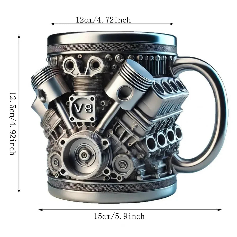 Edelstahl-Isolier-Tasse imitiert einen V8-Motor mit Metallgriff.