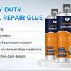 Three tubes of heavy duty metal repair glue with labels highlighting fast curing, strong adhesion, waterproof corrosion resis