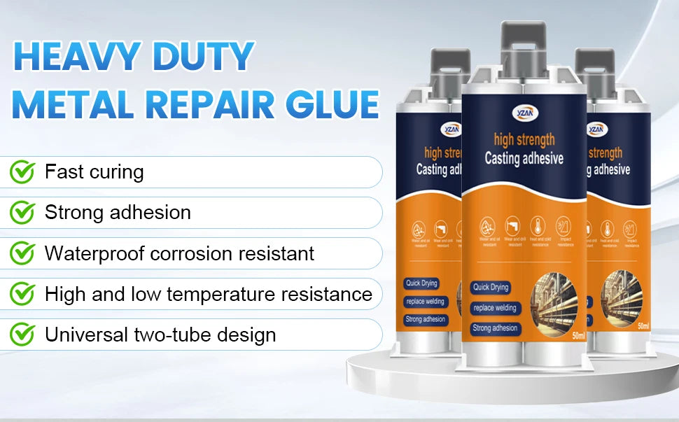 Three tubes of heavy duty metal repair glue with labels highlighting fast curing, strong adhesion, waterproof corrosion resis