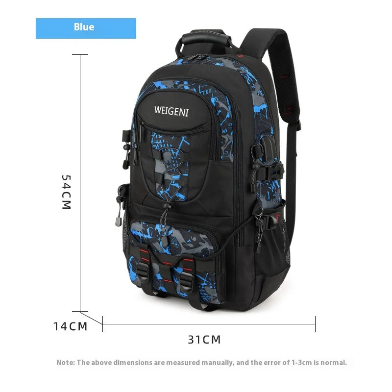 A black Wegeni travel backpack with blue camouflage pattern and adjustable straps.