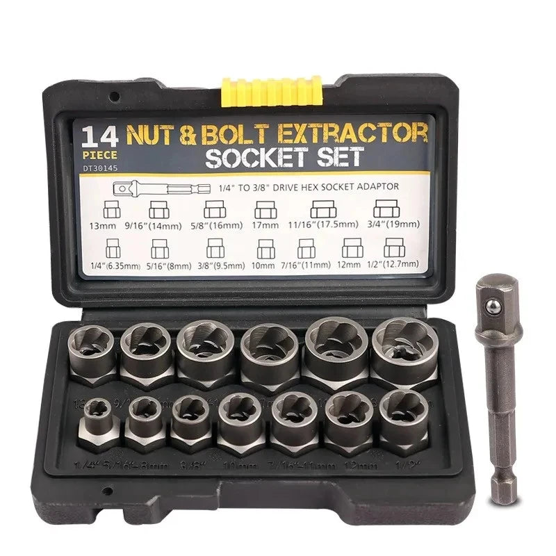 Boîte à outils noire contenant un jeu de douilles d'extraction de écrous et de boulons à 14 pièces avec diverses tailles de b