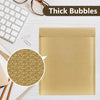 A gold kraft bubble mailer is shown next to a keyboard and a close-up of the bubble pattern.