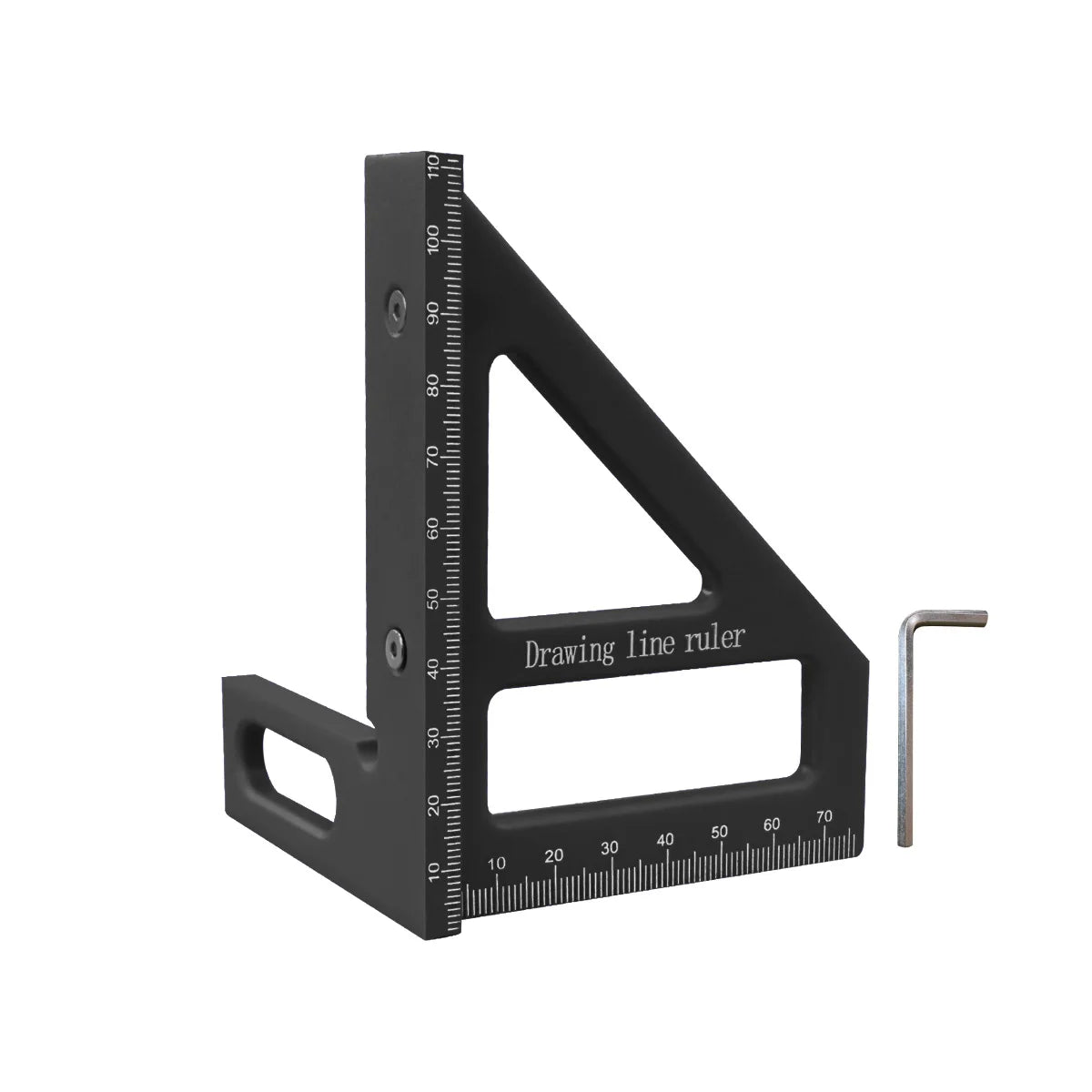 A black drawing line ruler with a multi-angle design and a metal rod shown next to it.