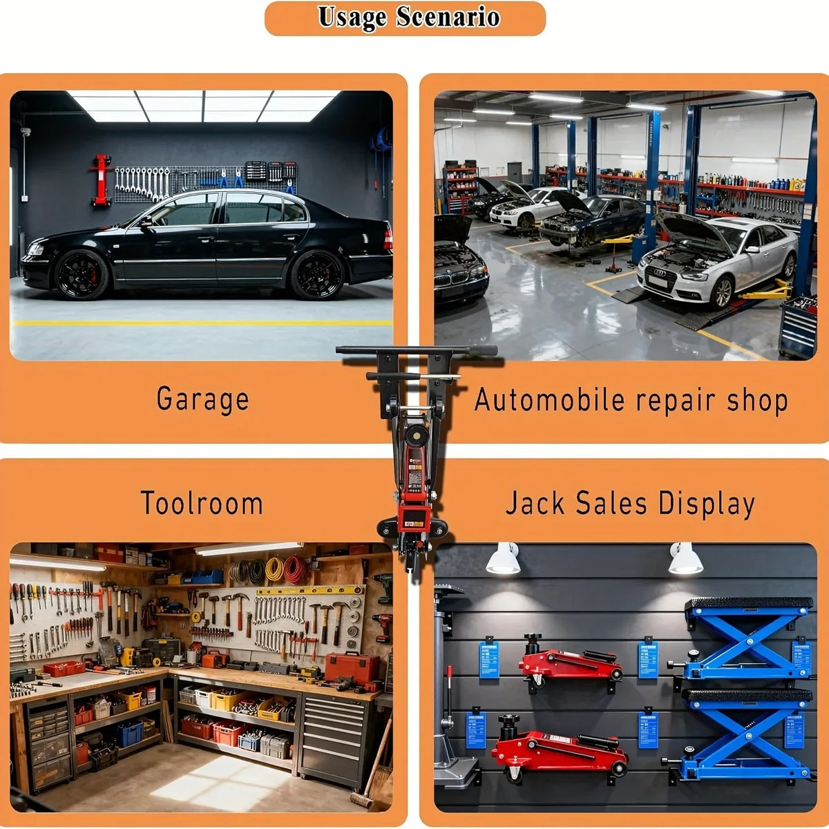 Two heavy-duty floor jack stands with wall mount racks displayed in a sales setting.