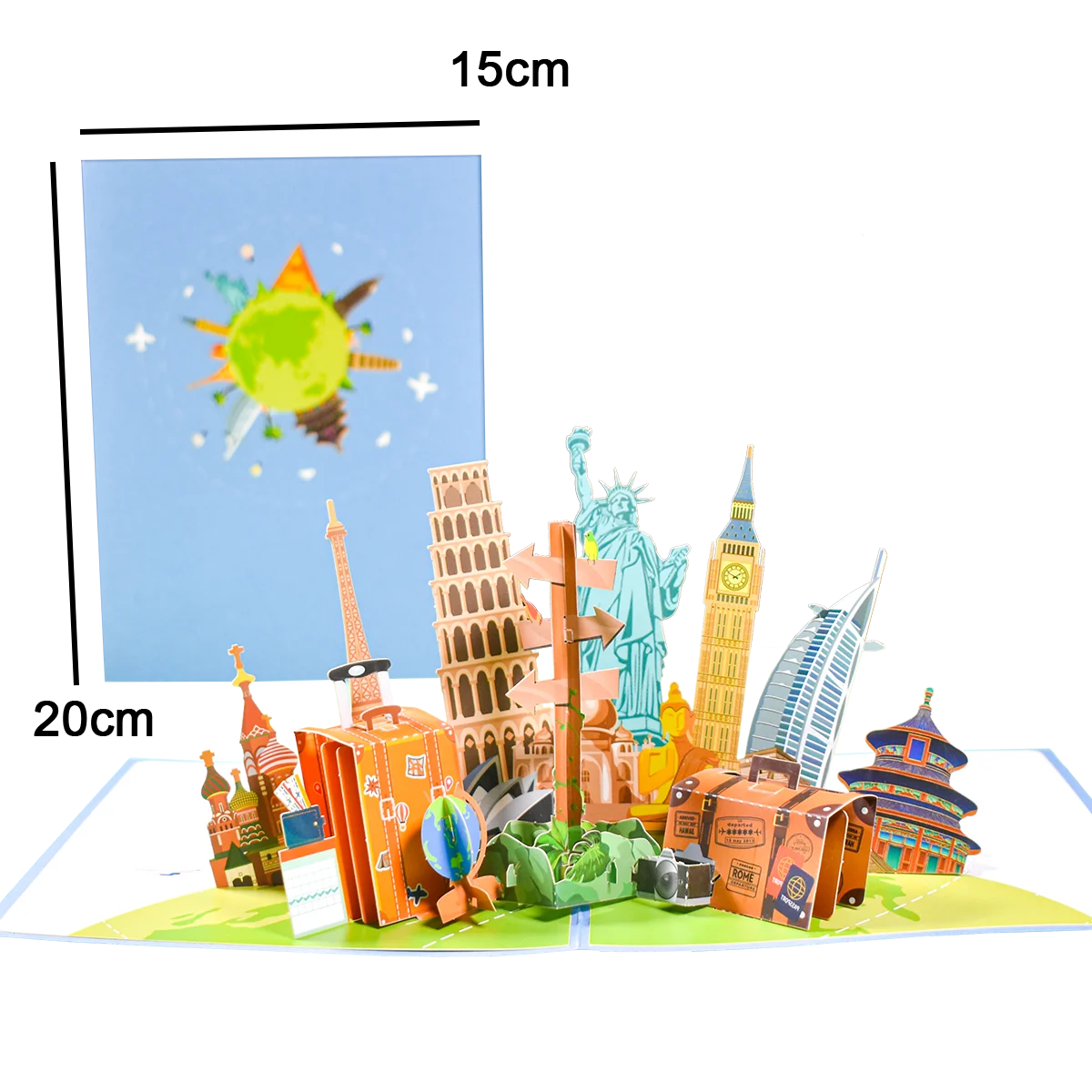 A pop-up greeting card featuring a cityscape and a sun design.