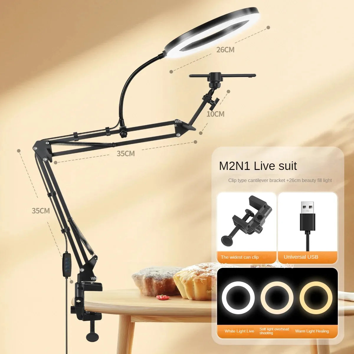 Black adjustable phone stand with a flexible arm and overhead light illuminating a baked good.