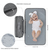 A gray detachable changing pad and a matching diaper bag organizer with an inner waterproof PEVA material shown in use.