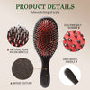 A black hair brush with red bristles and a wood handle, designed to relieve itching of the scalp.