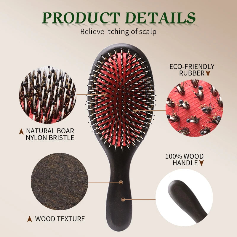 A black hair brush with red bristles and a wood handle, designed to relieve itching of the scalp.