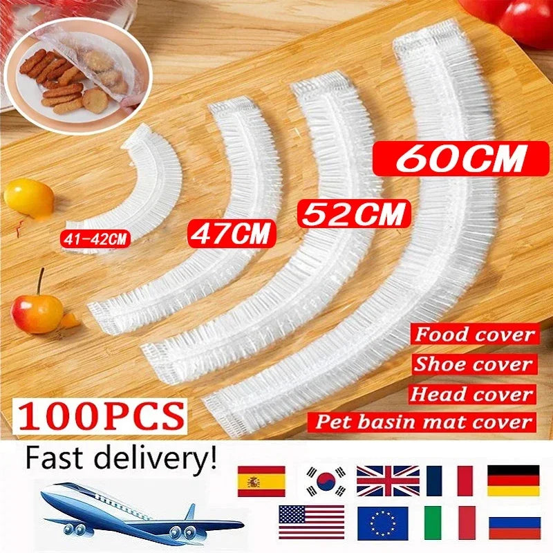 White reusable elastic food covers for freshness and kitchen organization sold in a 100-piece pack.