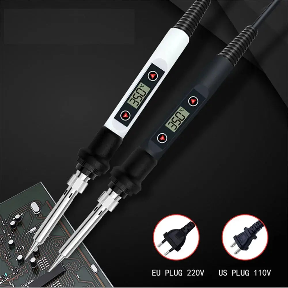 A soldering iron kit with a black handle, white body, and LCD temperature display, shown next to plugs for EU and US power.