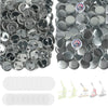A collection of silver pin back button blanks and paper inserts for DIY crafting.