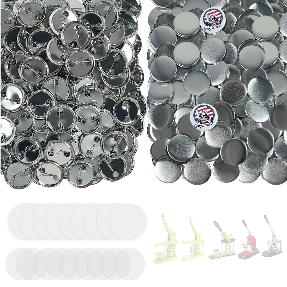 A collection of silver pin back button blanks and paper inserts for DIY crafting.