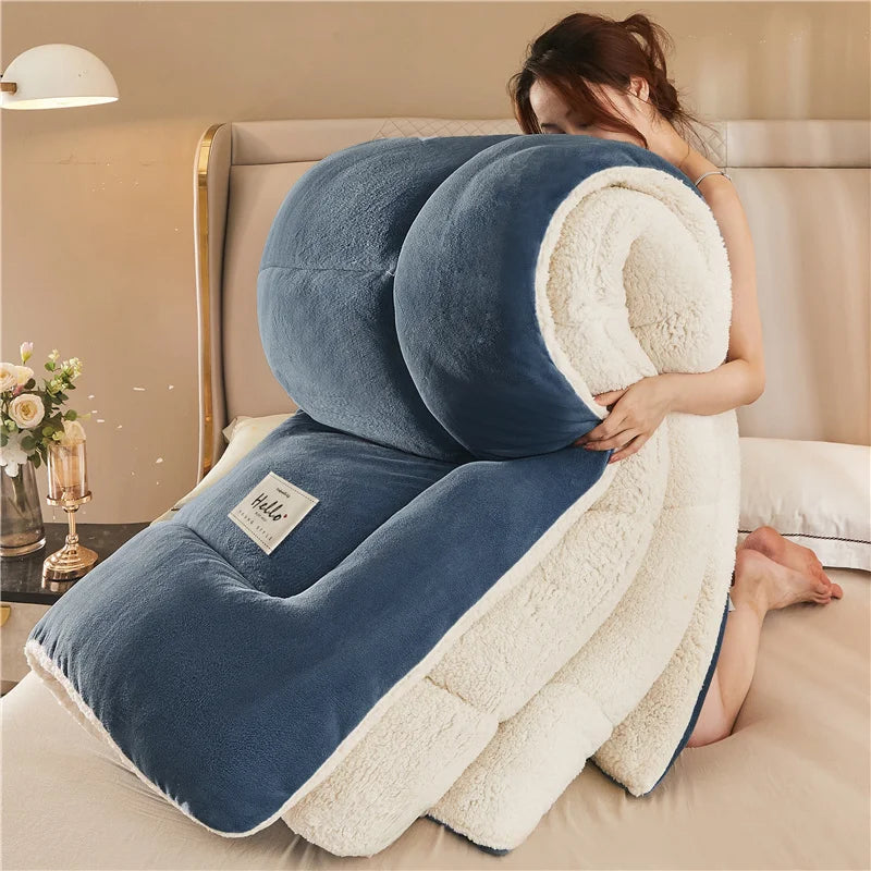 A woman is relaxing while holding a large, double-sided weighted fleece blanket in blue and cream colors.