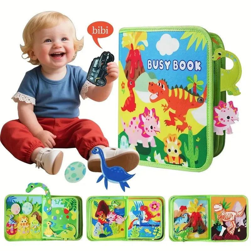 A toddler is smiling while holding a green felt busy book and several related activity boards.